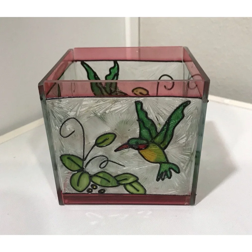 Glass Votive Hand Painted Hummingbird Flowers 3
